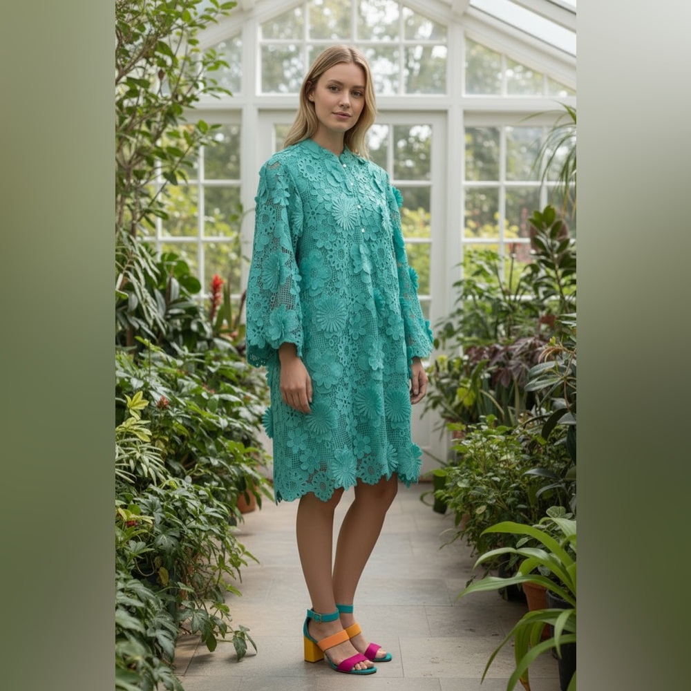 J. MARIE Seraphina Dress Teal Floral 3D Lace Small NWT Boho Retro 60s Vibes
